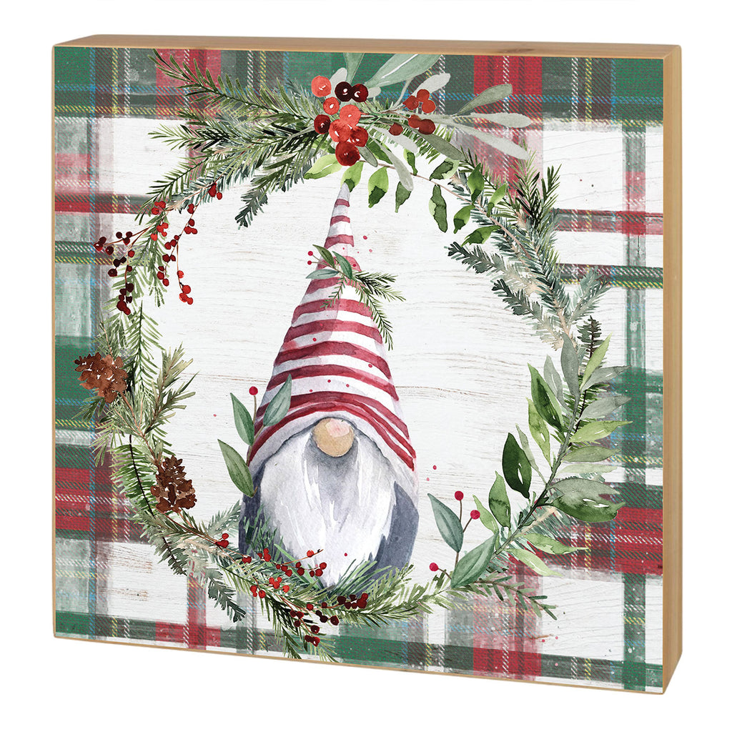 5x5 Christmas Gnome in Wreath Plaid Block Sign