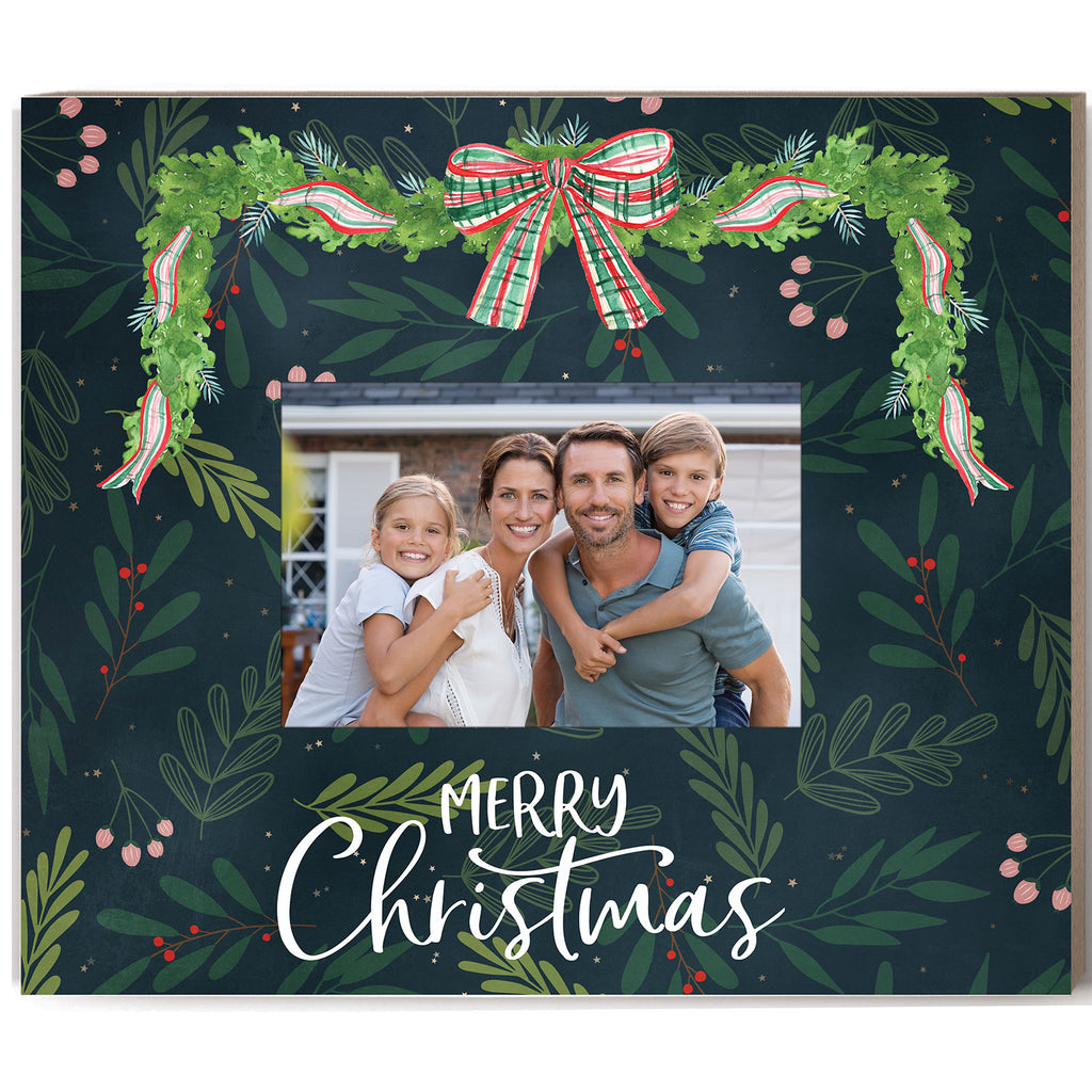 Merry Christmas Garland and Tartan Bow Photo Frame