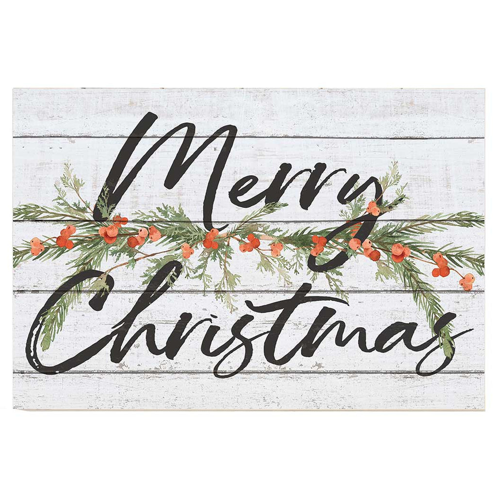 34x23 Merry Christmas Pine and Berry Foliage Whitewash Sign