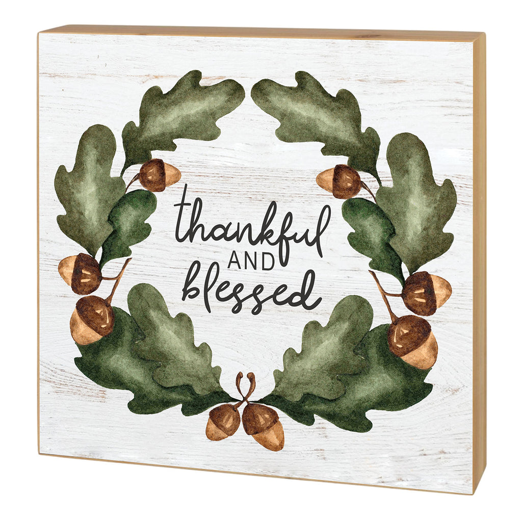 5x5 Thankful and Blessed Acorn Wreath Block Sign